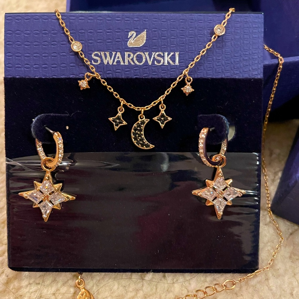 Swarovski Symbolic Earrings and Necklace - rose gold moon and stars